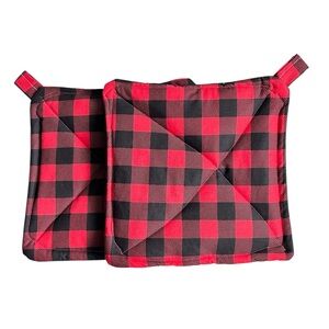 Hand Crafted Red and Black Buffalo Plaid Pot Holders Fabric Hot Mat Trivet
